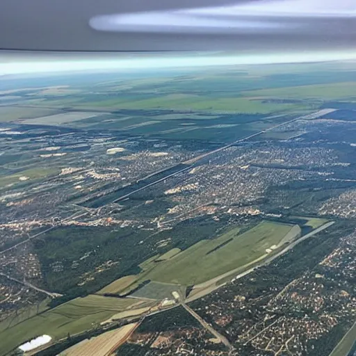 Prompt: a phone pic out of an plane seat showing the window of a plane in the approach flight to the bruessel airport