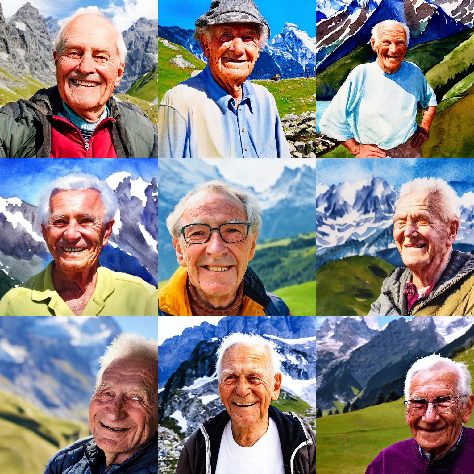 Prompt: closeup portrait of a smiling friendly elderly man, in the Swiss Alps, mountains in background, watercolor and pen