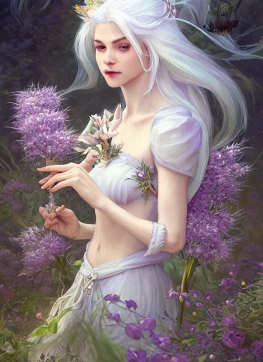 Image similar to a beautiful white haired woman as a fairy princess in a garden holding a bunch of wild flowers, deep focus, d & d, fantasy, intricate, elegant, highly detailed, digital painting, artstation, concept art, matte, sharp focus, illustration, hearthstone, art by artgerm and greg rutkowski and alphonse mucha