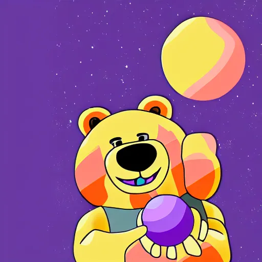 Image similar to cartoon illustration of a bear mascot being launched from a futuristic marble planet, purple and orange cloudland