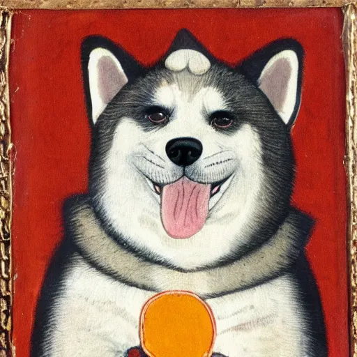 Image similar to akita inu dog dressed as a queen in a dress with orange slices pattern, medieval painting