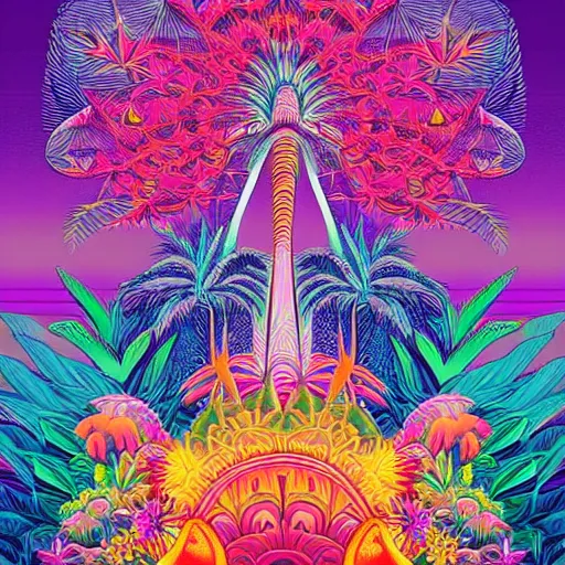 Prompt: 'psychedelic abstract vector art illustration, Taipei City with flowers and palm trees by Lisa frank and Tim Hildebrandt, detailed, intricate, elegant, highly detailed, digital painting, artstation, smooth, sharp focus W 1060'