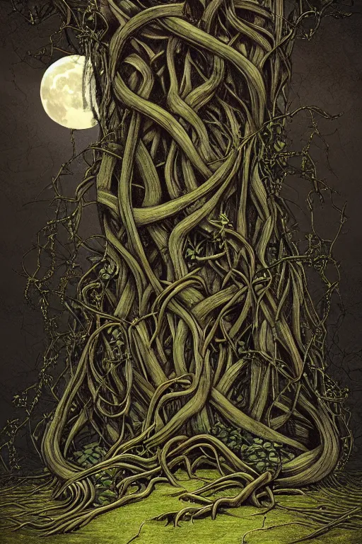 Image similar to a beautiful digital illustration painting of a detailed gothic fantasy full moon and roots, throne chair and vines by giorgio de chirico, and david rios ferreira. 8 k resolution trending on artstation concept art digital illustration