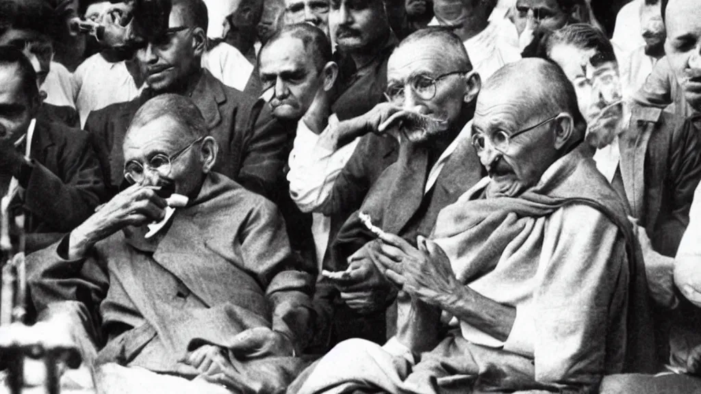 Image similar to gandhi smoking infront of press in a conference, historic old photograph