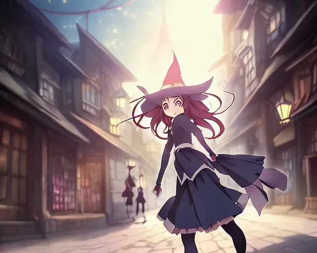 Image similar to key anime visual portrait of a young female witch walking through a busy village, dynamic pose, dynamic perspective, cinematic, dramatic lighting, muted colors, detailed silhouette, textured, finely detailed eyes, anime proportions, little witch academia