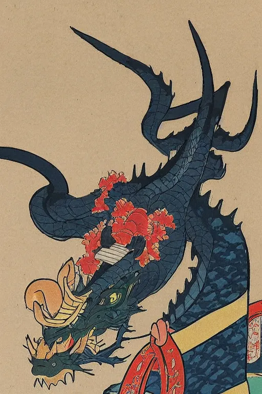 Image similar to samurai dragon in ukiyo-e style print