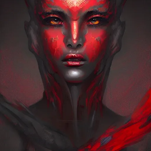 Image similar to Black dragon Kalameeth + Portrait beautiful face + Trending on Artstation + Incredible black and red gothic illustration + Exquisite detail, painterly