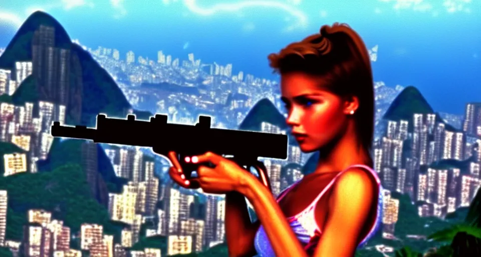 Image similar to 1 9 8 6 movie screencap of a girl with a gun on a rio de janeiro, gucci clothes, sparkles sky, beautiful favela background extremely utra high quality photo 8 k