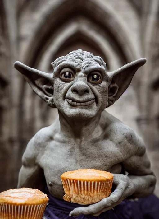 Image similar to closeup portrait of a medieval goblin gargoyle eating cakes in the cloisters, depth of field, zeiss lens, detailed, symmetrical, centered, fashion photoshoot, by Annie Leibovitz and Steve McCurry, David Lazar, Jimmy Nelsson, Breathtaking, 8k resolution, extremely detailed, beautiful, establishing shot, artistic, hyperrealistic, beautiful face, octane render