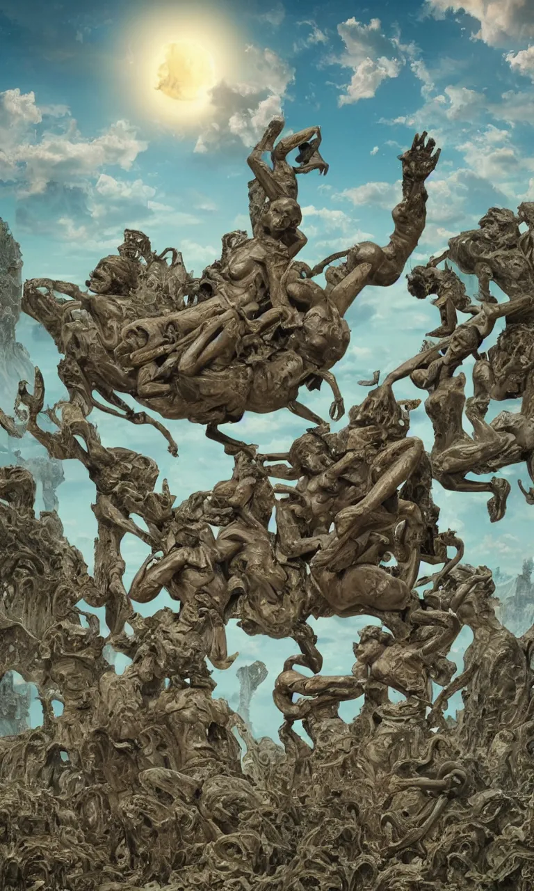 Prompt: massive mess of Kajuraho sculptures melted in a organic form all together become real beautiful human realistic bodies practising kamasutra in the clouds, celestial light, photo real, by Simon Stålenhag, by Stanley Artgerm Lau, Greg Rutkowski, Thomas Kinkade ,Alphonse Mucha, Loish, Norman Rockwell ,trending on artstation , rule of thirds, Highly detailed, anatomically correct, dramatic lighting,