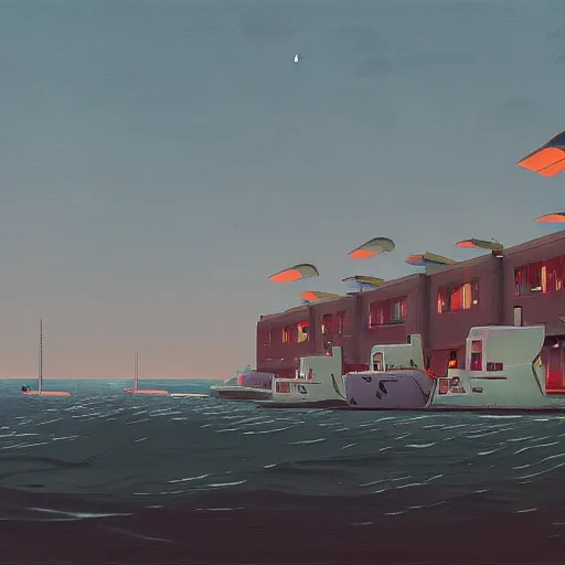 Image similar to yachting club by simon stalenhag