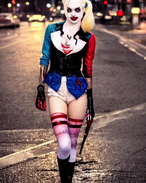 Image similar to 3 5 mm photo of elegant suicide squad harley quinn, long blonde hair and big eyes, finely detailed perfect face, standing on the wet street at sunset, golden hour sunset lighting,