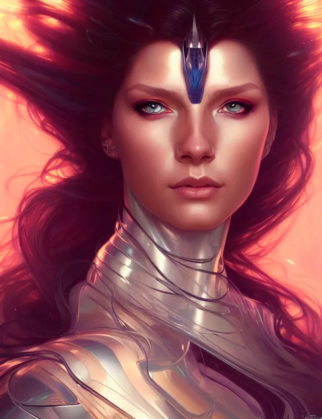 Image similar to futuristic woman portrait, sci-fi, amber eyes, face, long hair, fantasy, intricate, elegant, highly detailed, digital painting, artstation, concept art, smooth, sharp focus, illustration, art by artgerm and greg rutkowski and alphonse mucha