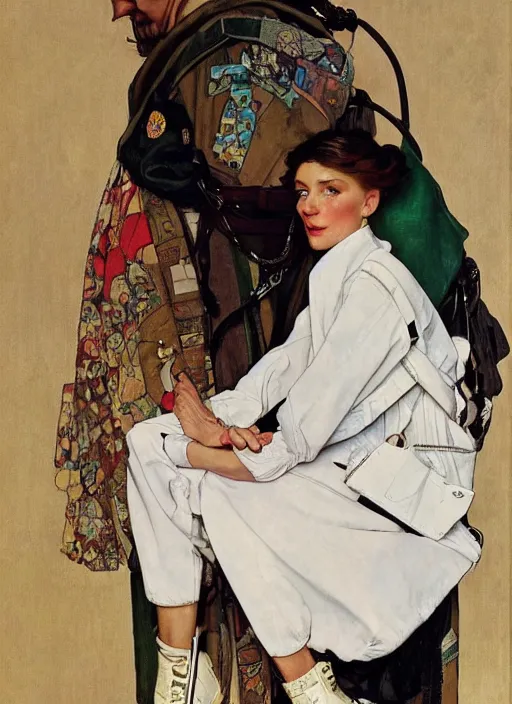 Prompt: a realistic portrait by norman rockwell and alphonse mucha of a russian girl detailed features wearing a cargo wedding dress - sporty, sleek, tech utility - chic trend. lots of zippers, pockets, synthetic materials, jumpsuits chic'techno fashion trend by issey miyake and balenciaga