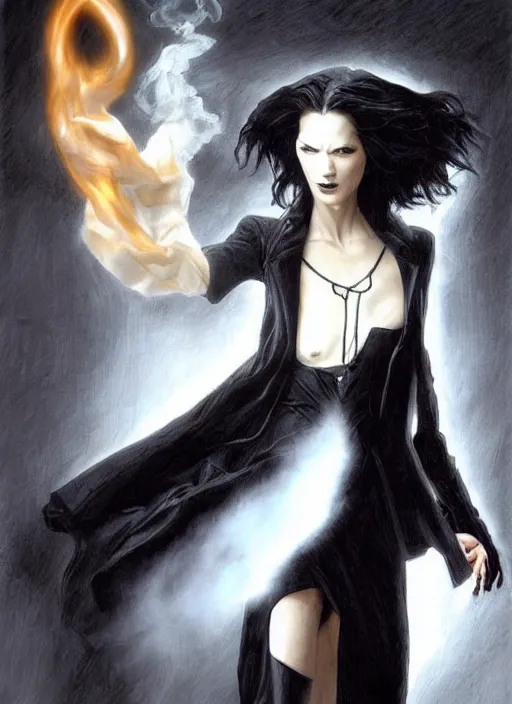 Image similar to neo from matrix 1 as sandman, with fingers and hair turning into smoke, vertigo, full figure dynamic fighting pose, pale skin!, gothic, black overcoat, fantasy, intricate, elegant, highly detailed, digital painting, artstation, concept art, wallpaper, smooth, sharp focus, illustration, art by artgerm and greg rutkowski and alphonse mucha