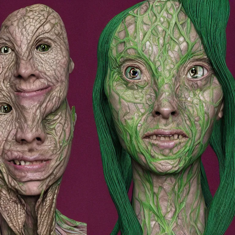 Image similar to a grinning alien girl with reptile skin, plant patterns, her face looks like an orchid, she is the center of the garden, jan van eyck, ernst fuchs, egon schiele, trending on artstation, 8 k, award winning, facial symmetry, iris van herpen