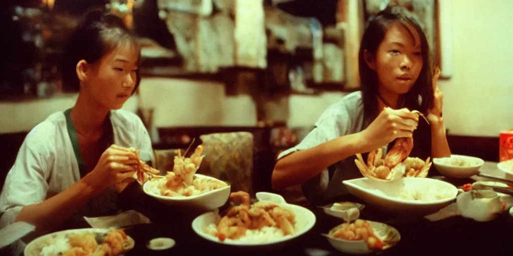 Image similar to “Bambi eating rice and fried shrimp in Chinese restaurant, realistic, 35mm film still, masterpiece”