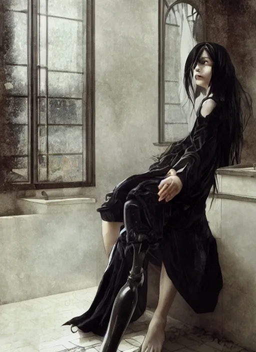 Image similar to a 1 6 year old girl eveline from resident evil 7 with straight long black hair wearing black dress that sitting on bathroom floor, photo for vogue, model エリサヘス s from acquamodels, art by artgem, greg rutkowski and alphonse mucha