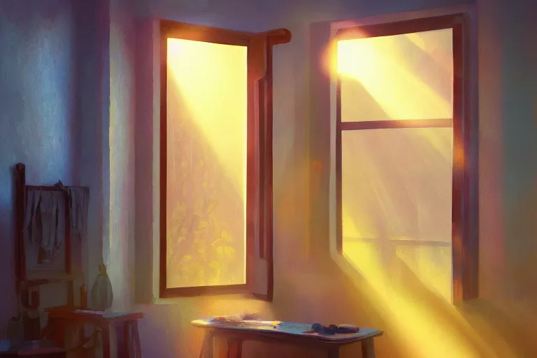 Image similar to rays of the morning sun shining through the window of the village house. very beautiful, clear sky, warm shiny colors, oil painting, high detail, trending on artstation