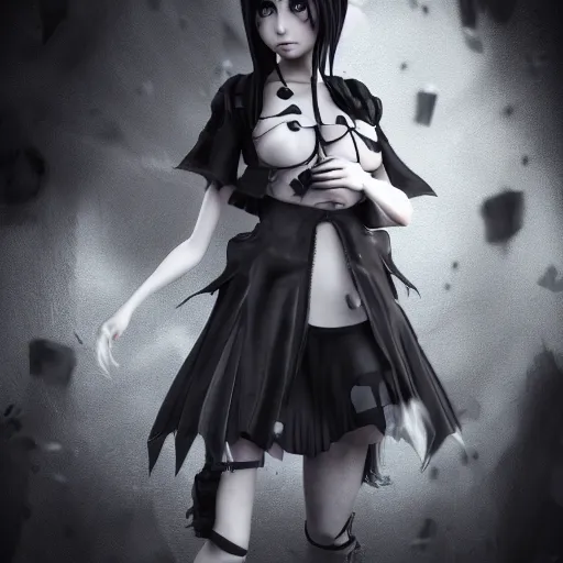 Image similar to photorealistic full shot portrait of angry darkness anime girl, inspired by Tim Burton, detailed, unreal engine 4k