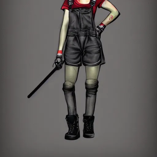 Image similar to a punk girl who is a mechanic wearing overalls, posing angrily, grey background, illustration, character concept design, trending on artstation