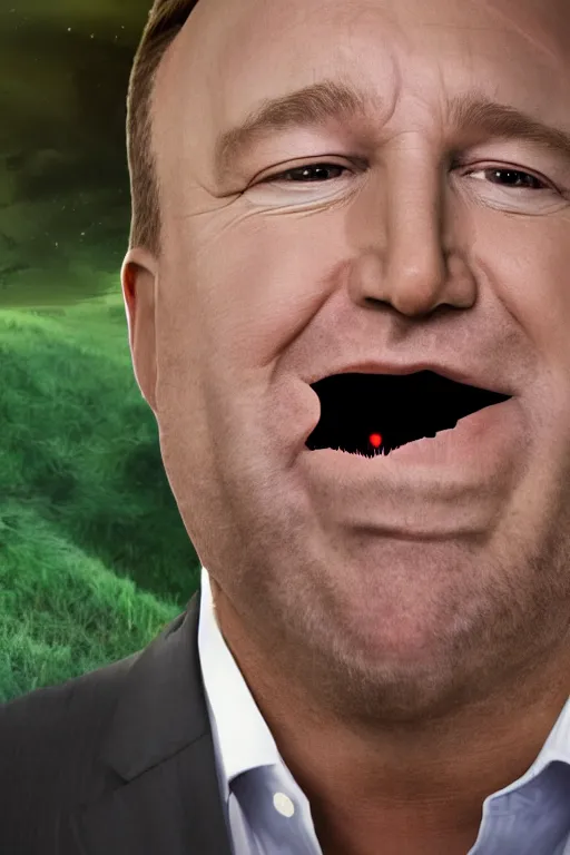 Prompt: A hyper realistic ultra realistic photograph of Alex Jones as the second coming of bill, his head surrounded by light, his face sliding off his skull by Brandon Hughes , detailed, photorealistic imagery, 8k quality, milk coming out of his eyes