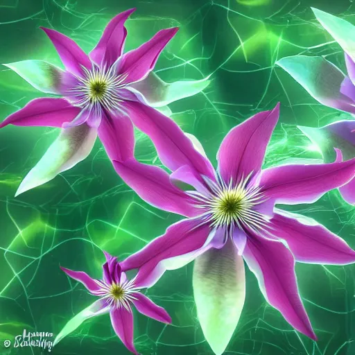 Image similar to clematis theme logo, clematis theme banner, clematis design, clematis in the deep sea, clematis like stars in the sky, trending on artstation, warm light, lovely and cute, fantasy art, 8 k resolution