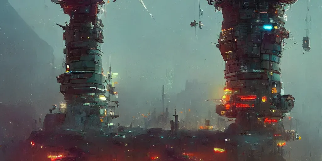 Image similar to concept art of a towering sci - fi lighthouse at the edge of a busy city, grimy, gritty, blade runner 2 0 4 9, trending on artstation, award winning painting, cgi, art by john berkey and anton fadeev and john howe and simon stalenhag