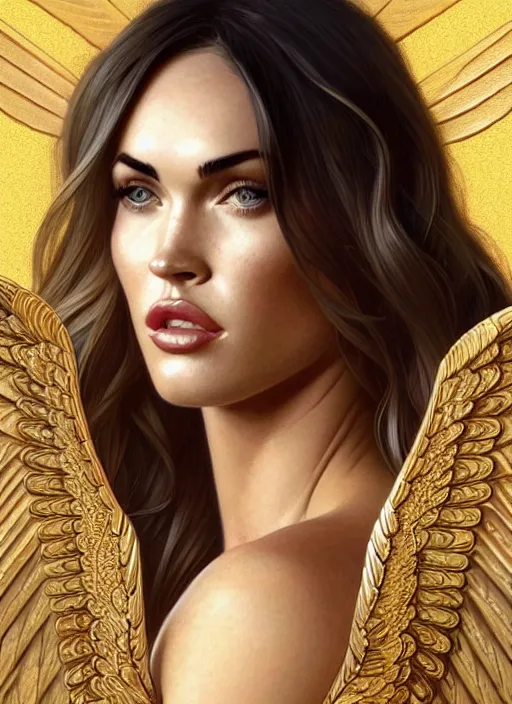 Image similar to portrait of megan fox as an blonde angel, blonde hair, wings, bible, corona, gold, jewelry, intricate, headshot, highly detailed, digital painting, artstation, concept art, sharp focus, cinematic lighting, illustration, art by artgerm and greg rutkowski, alphonse mucha, cgsociety