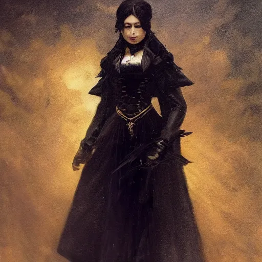 Image similar to furious dark haired women, portrait by karl spitzweg, wearing black coat, black makeup, ice mage, shooting ice, oil painting,, fantasy artwork, fantastic artwork, 4 k, trending on artstation