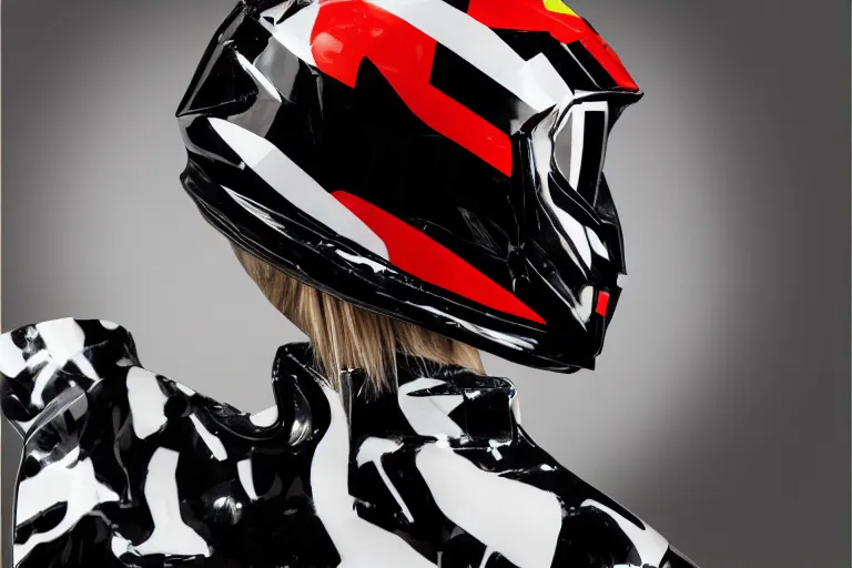 Image similar to photo of a glossy black marble statue of a girl with colorful motocross logos and motorcycle helmet with reflective mirrored visor, carved marble statue, fine art, in the style of virgil abloh, 8 k, 4 k, detailed, realistic, beautiful, symmetrical