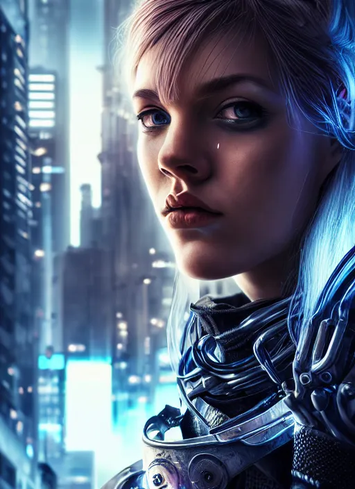 Image similar to photo of a gorgeous nordic female in a cyberpunk city, realistic, sharp focus, 8 k high definition, insanely detailed, intricate, elegant, artgerm, greg kutkowski, high contrast dramatic lighting