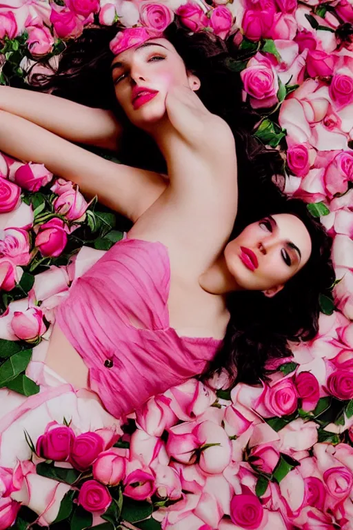 Image similar to fine art photo of the beauty gal gadot, she is lying down and merging from pink roses, taken by oleg oprisco
