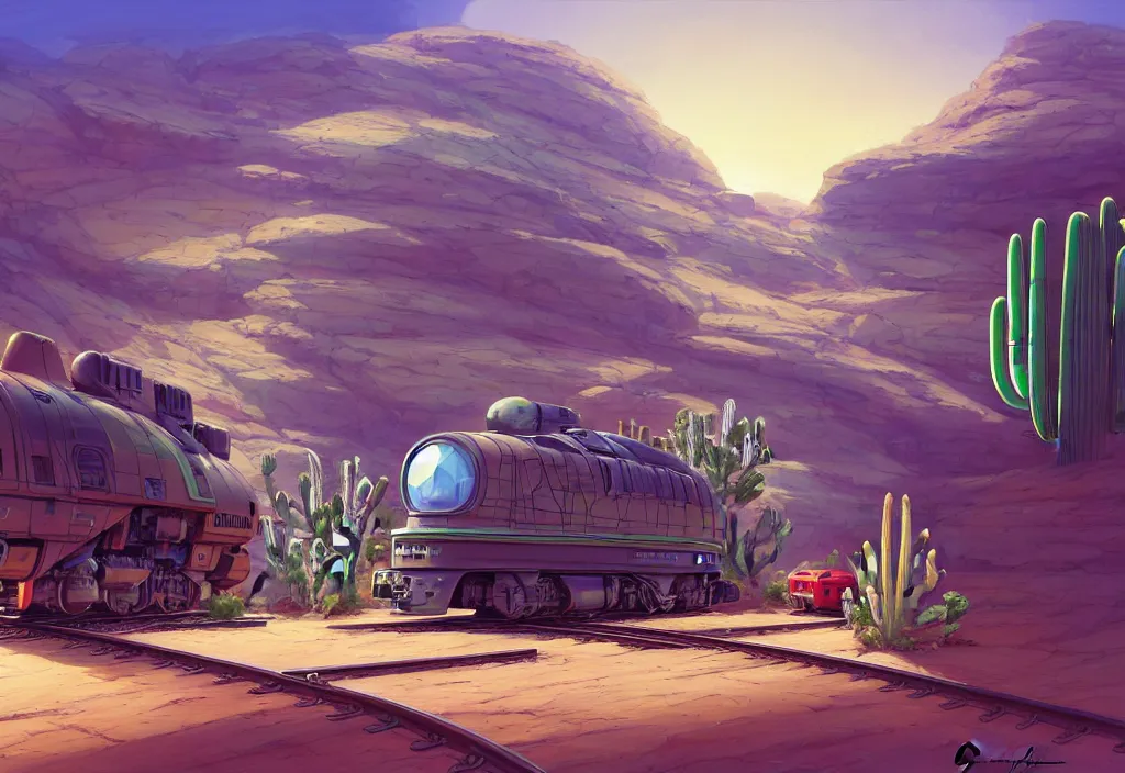 Image similar to chubby futuristic train on a railroad in the desert with a cactus on the right in the forefround, intricate oil painting, high detail illustration, sharp high detail, manga and anime 1 9 9 9, official fanart behance hd artstation by jesper ejsing and makoto shinkai, 4 k,