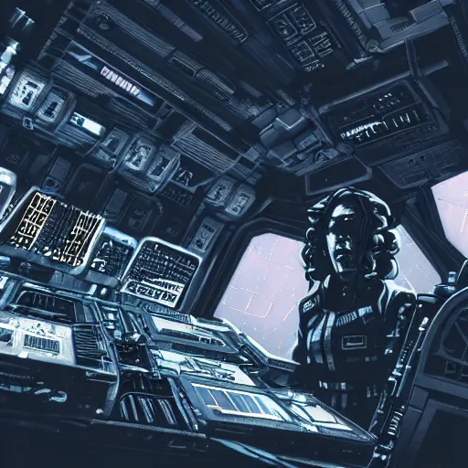 Prompt: cyberpunk, spaceship, nostromo, cockpit, console, controls, windows, space outside with stars, two crew members at controls, alien movie spaceship, wires, pc screeens, messy, grungy, hazy, spotlit, atmospheric, cinematic, matte painting, dark, gloomy, moody, scary, concealed lighting, very moody and sombre, utilitarian, gritty, raytrace rendering, trending on artstation, hyper detailed, hyper realism, 8k rendering, blue green lights, cinematic, octane rendrring, symmetric, symmetrical shape, uplight