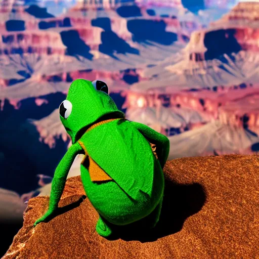 Image similar to kermit the frog walking a tightrope across the grand canyon, photorealistic, cinematic,