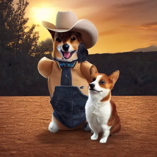 Image similar to cat in a cowboy hat riding a corgi, wild west, sunset