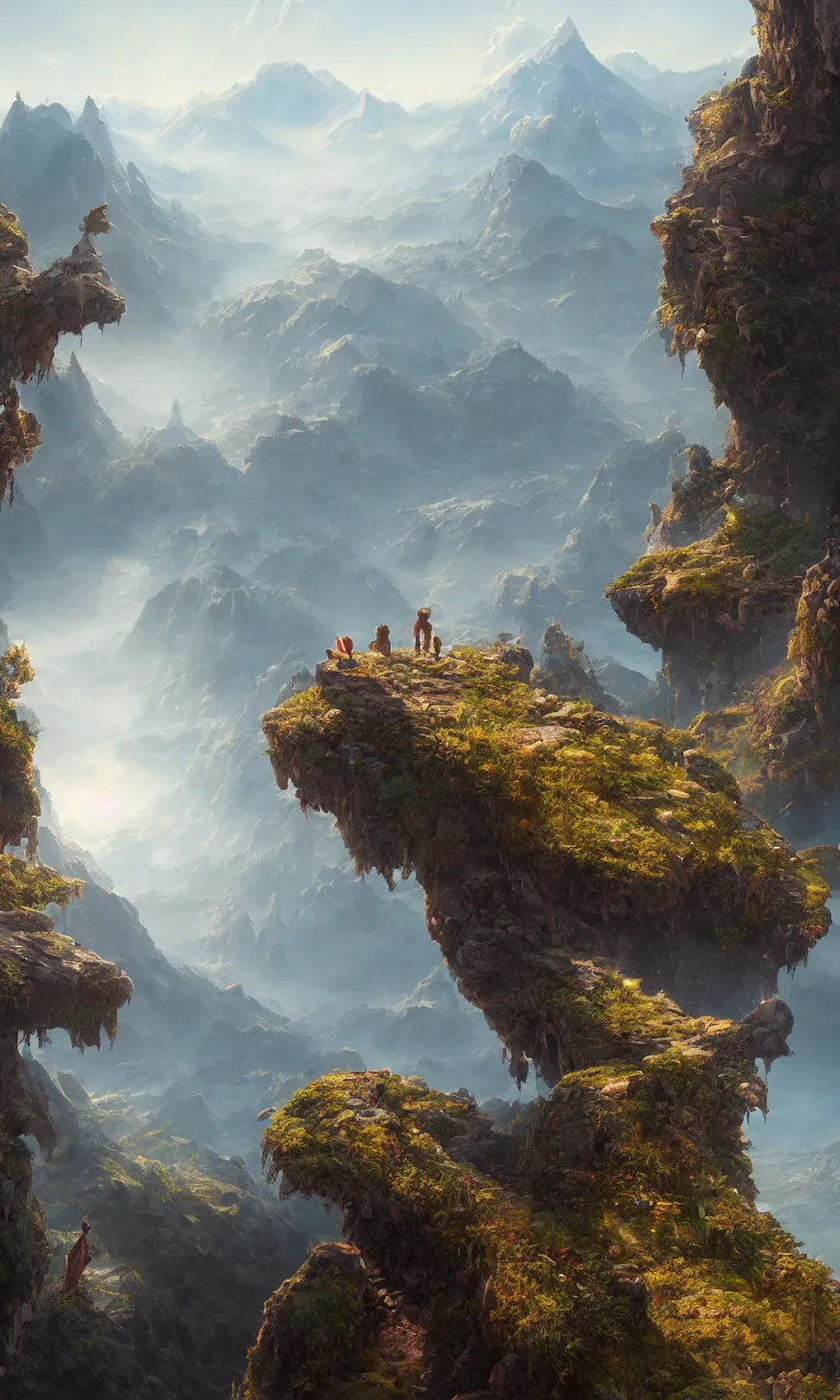 Prompt: an oil art view from a cliff looking out to a fantasy mountain landscape, 4 k, ultra detail, volumetric lighting, unreal engine, octane render, tom bagshaw, andreas rocha