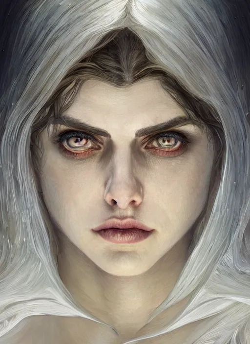 Image similar to Portrait of Alexandra Daddario, white glowing eyes, silver hair, cloak, ethereal wings, female, fantasy, extremely detailed, digital painting, artstation, concept art, smooth, sharp focus, illustration, stunning lighting, art by artgerm and greg rutkowski and alphonse mucha and simon stalenhag, realistic character concept, high fantasy, light atmosphere, golden ratio, cinematic lighting, hyperdetailed, high resolution, insanely detailed and intricate, artstation, Marc Simonetti, Greg Rutkowski, 8k