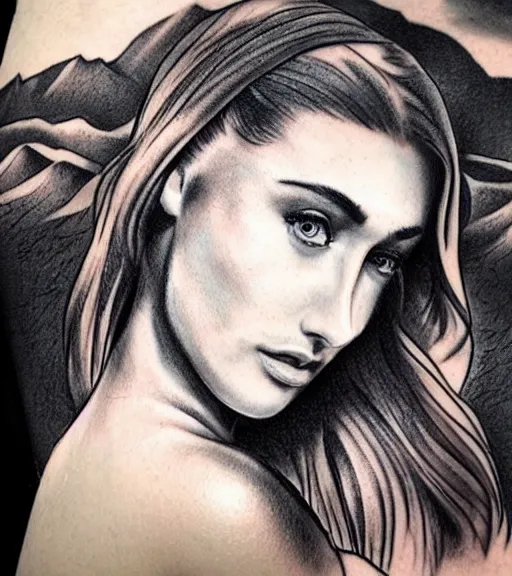 Image similar to tattoo design sketch of a beautiful woman face against a background of beautiful mountains and nature, hyper - realistic, in the style of den yakovlev, amazing detail, black and white