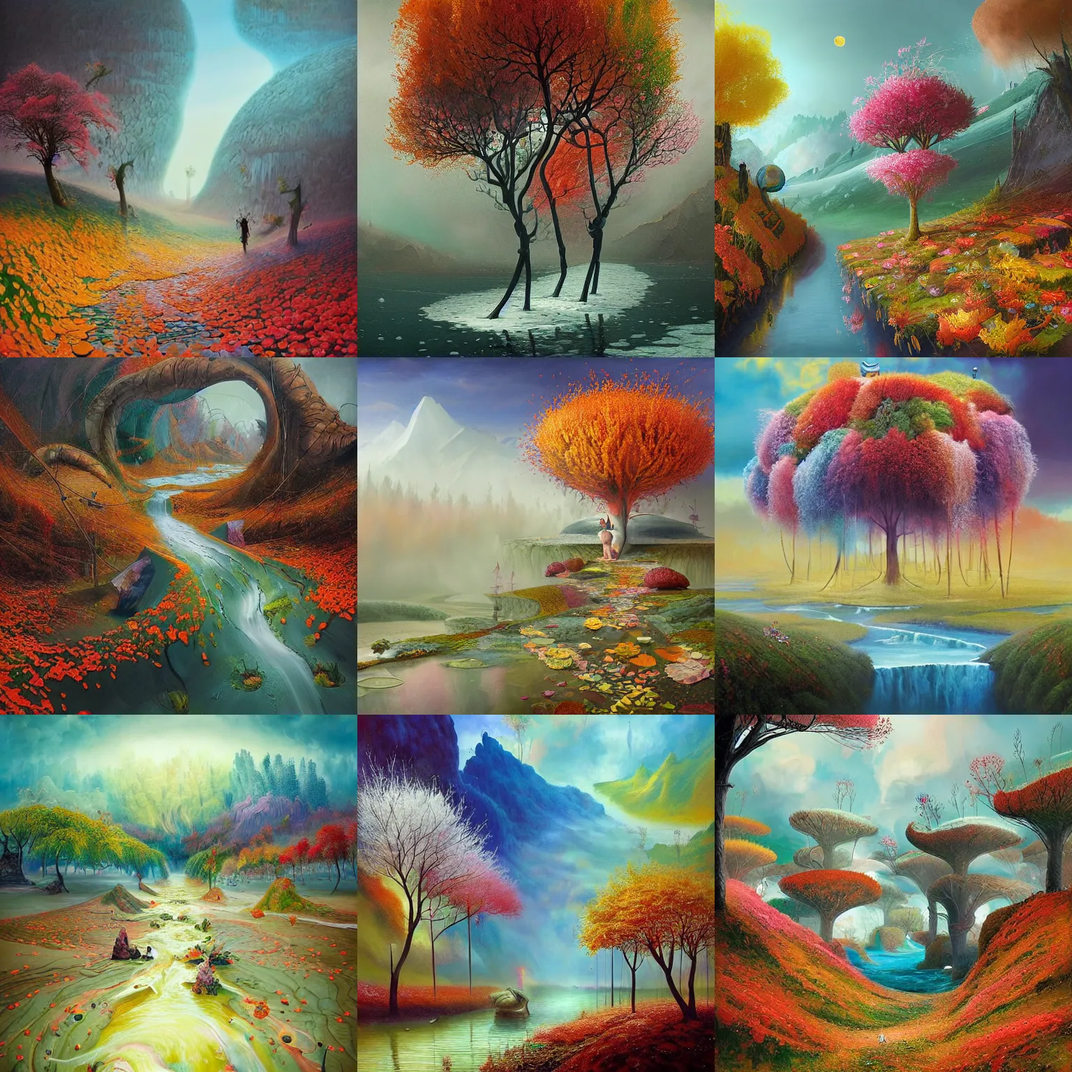 Prompt: a matte painting of the four season on an alien landscape, seasons : spring 🌸 summer ☀ autumn 🍂 winter ❄, a river splits!! the seaons, painted by gediminas pranckevicius, inspired by mimmo rotella, inspired by alberto seveso