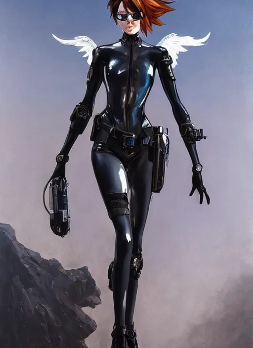 Image similar to full body artwork of tracer overwatch, wearing black latex outfit, in style of zdzisław beksinski, angel wings, dramatic painting, wearing detailed steel collar, black shiny armor, chains, black harness, detailed face and eyes,