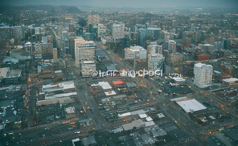 Prompt: 2011 Seattle rainy afternoon, aerial view , aerial view Cinestill 800t 18mm, heavy grainy picture, very detailed, high quality, 4k panoramic, billboards and streetlight at night, rain, mud, foggy