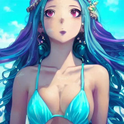 Prompt: a very beautiful anime princess, full body, long braided curly purple hair, twisted braids, sky blue watery eyes, full round face, short smile, teal white bikini, serene beach setting, cinematic lightning, medium shot, mid-shot, highly detailed, trending on artstation, Unreal Engine 4k, cinematic wallpaper by Stanley Artgerm Lau, WLOP, Rossdraws, James Jean, Andrei Riabovitchev, Marc Simonetti, and Sakimichan