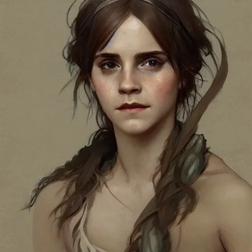 Prompt: Emma watson as a woman in the Paleolithic period, intricate, highly detailed, digital painting, artstation, concept art, sharp focus, illustration, art by greg rutkowski and alphonse mucha