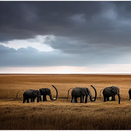 Image similar to an elephant herd in a vast plain, cinematic lighting, national geographic photography, masterpiece, wide angle, canon eos r 3, f / 1. 4, iso 2 0 0, 1 / 1 6 0 s, 8 k, raw, unedited, symmetrical balance