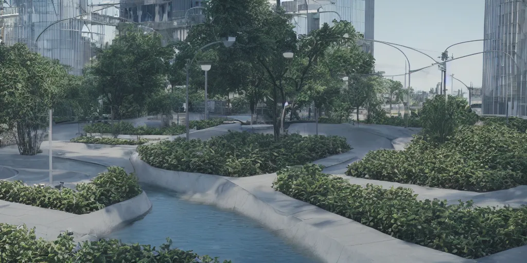 Image similar to city center public park, modern landscape architectural design for industrialpunk, water in the middle, dramatic lighting and composition, octane render, unreal engine 5, 8k