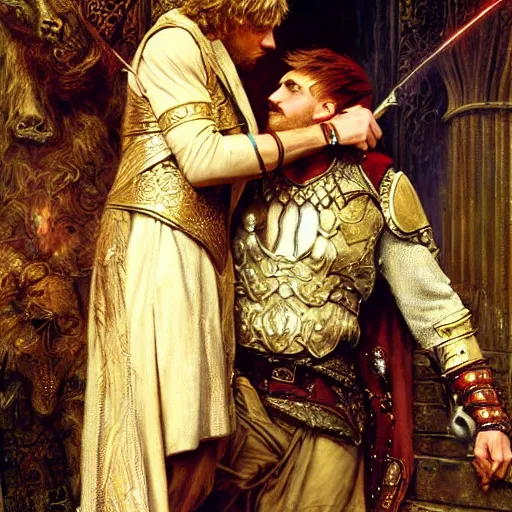 Image similar to stunning arthur pendragon in love with stunning male merlin the mage. they are close to each other. highly detailed painting by gaston bussiere, craig mullins, j. c. leyendecker