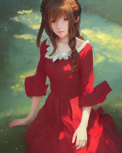 Image similar to aerith gainsborough in red cottagecore dress, portrait, illustration, rim light, top light, perfectly shaded, winter, slight overcast lighting, soft painting, art by krenz cushart and wenjun lin
