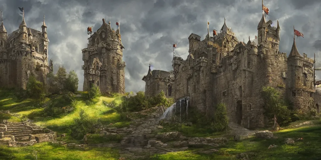 Prompt: castle with lawn, fountain, bell tower, medieval, fantasy style, concept art, digital 2 d, by julien delva and sebastian luca, highly detailed matte paintings, 4 k wallpaper.